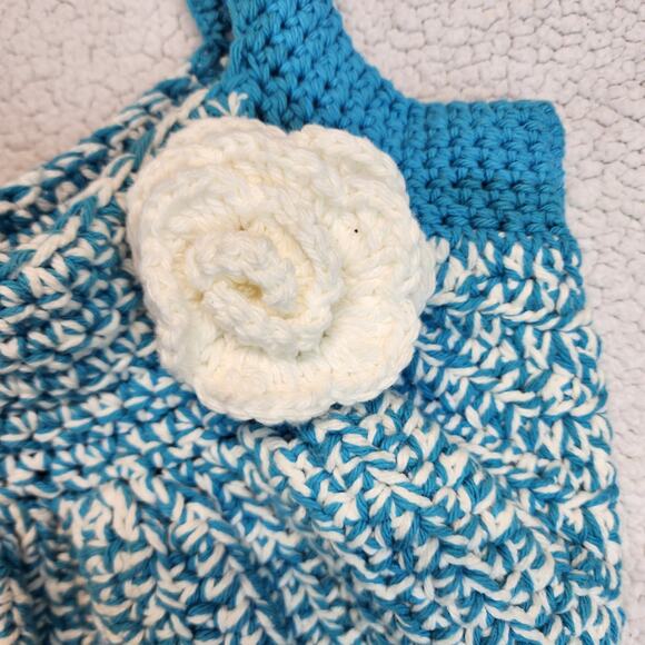 Crochet Market Bag Blue White Floral Detail Two Handle Handmade Boho Hippie - Picture 4 of 10